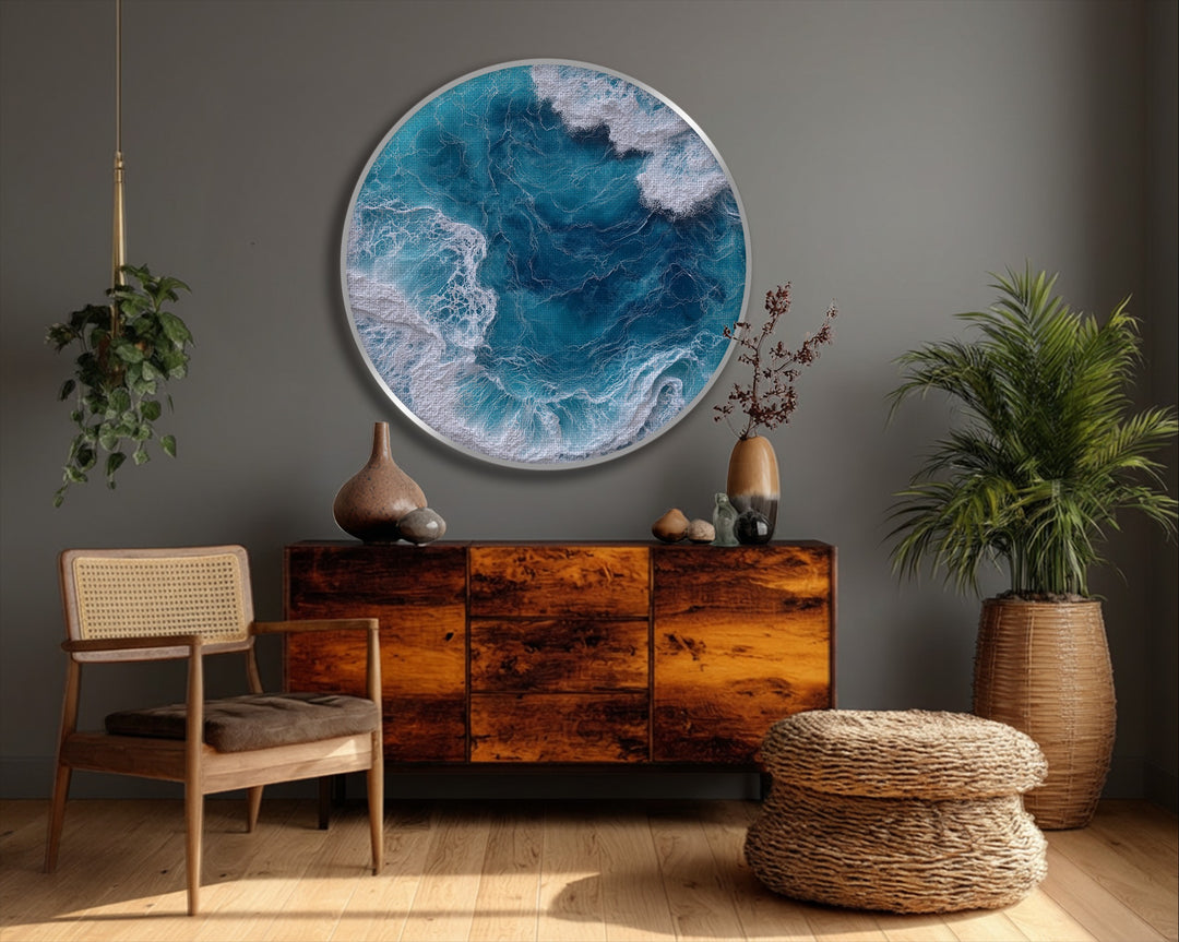 Focal point on the round Ocean Wave Aerial canvas print displaying high quality canvas prints with a mesmerizing turquoise sea captured from above.