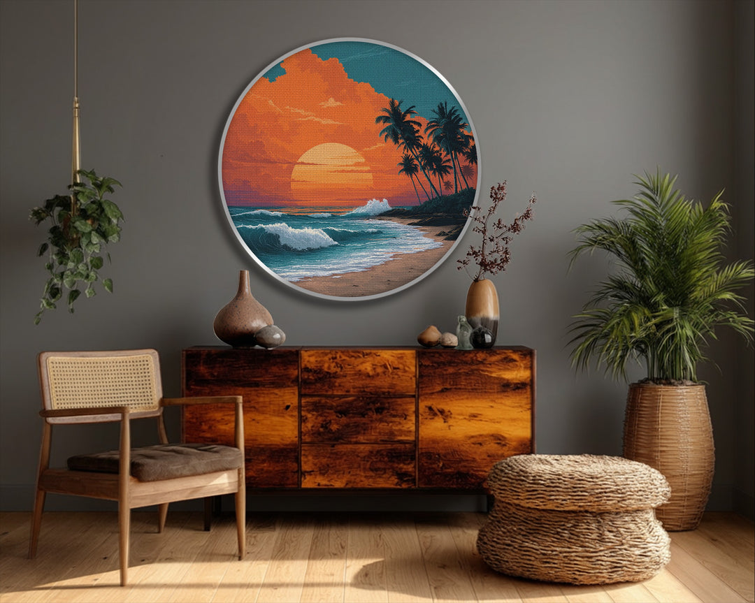 Subtle surface texture of the round canvas art prints highlights the ocean waves, sun, and vibrant colors of the tropical sunset beach scene.
