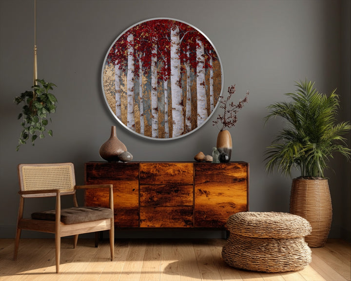 Organic forms are suggested by the high quality canvas prints of golden birch forest art, with an appealing round canvas print of red leaves nature wall art.