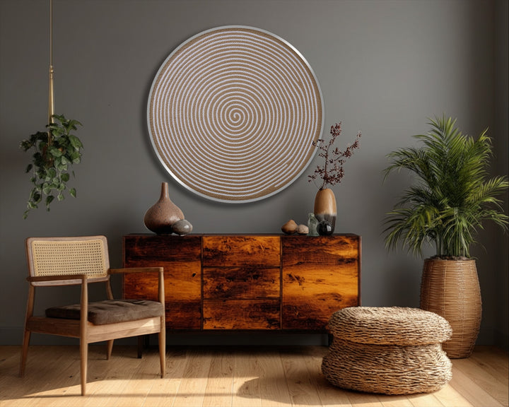 Depth and layers are showcased in this golden spiral minimalist round canvas print, creating captivating canvas pictures with its abstract design.