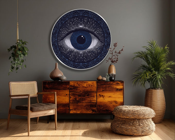 Geometric details define the Cosmic Eye Vision round canvas print, a hanging canvas showcasing celestial and abstract wall art with radiating lines.
