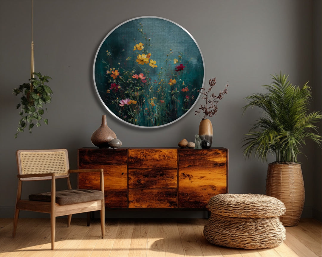 Negative space surrounds a round Wild Meadow Bloom canvas art prints, highlighting the floral design against the gray wall behind the wooden cabinet.