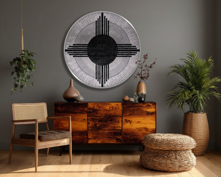 Visual rhythm is created by the alternating radial lines and bars in this modern geometric sunburst circle abstract canvas painting.