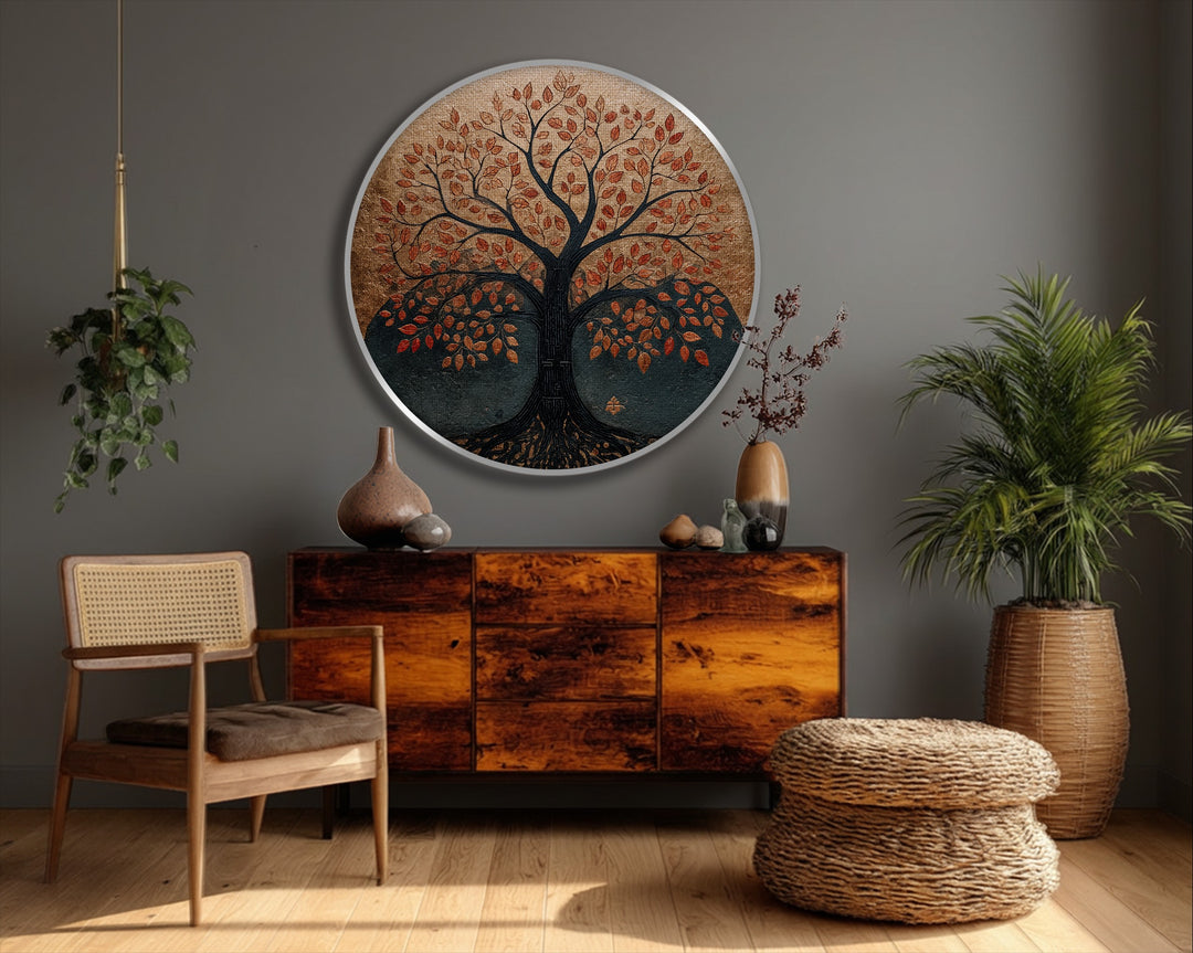 Alternating warm and cool tones create a visual rhythm in this autumn Tree of Life unique canvas print, radiating rustic charm and nature's artistic harmony.