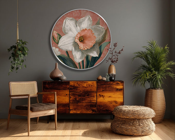 Organic shapes define this vintage botanical floral wall art, a round canvas wall decor featuring a daffodil bloom in a textural design.