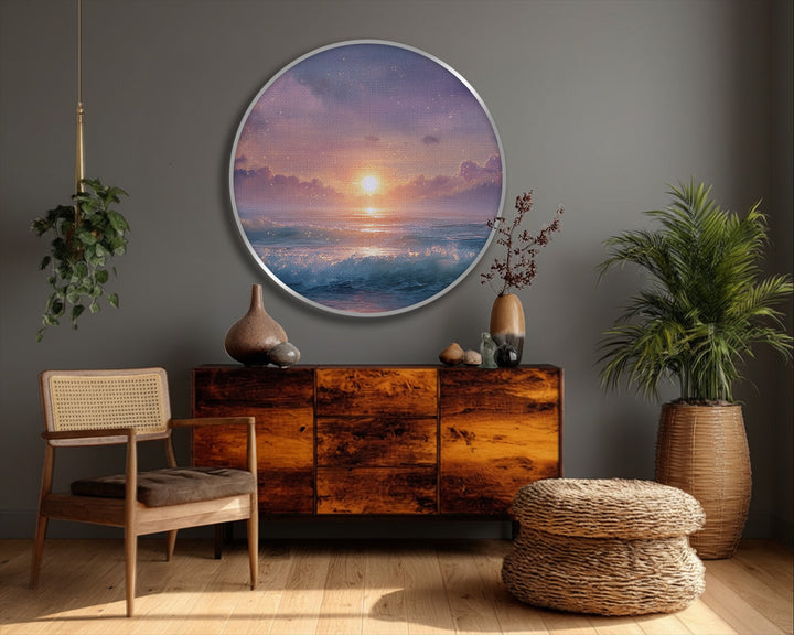 Dominating the scene is the dreamlike sunset sparkle ocean round canvas print, creating captivating canvas pictures as magical seascape wall art.