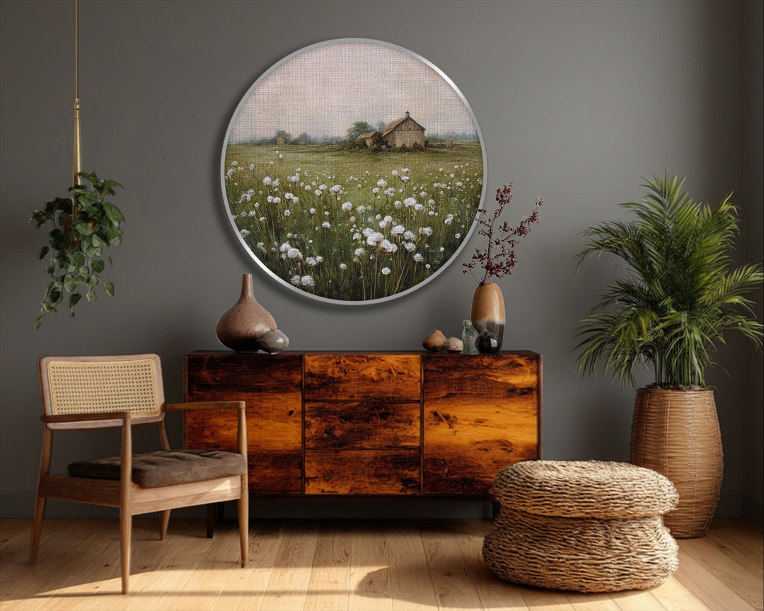 Highlighting the edge and borders, this round canvas wall art showcases a rustic barn and nature landscape, making it beautiful canvas wall art.