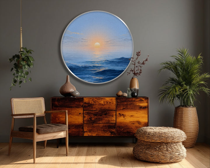 With vibrant color saturation, this round canvas print displays minimalist ocean sunrise canvas wall decor in calming blues, creating a serene seascape scene.