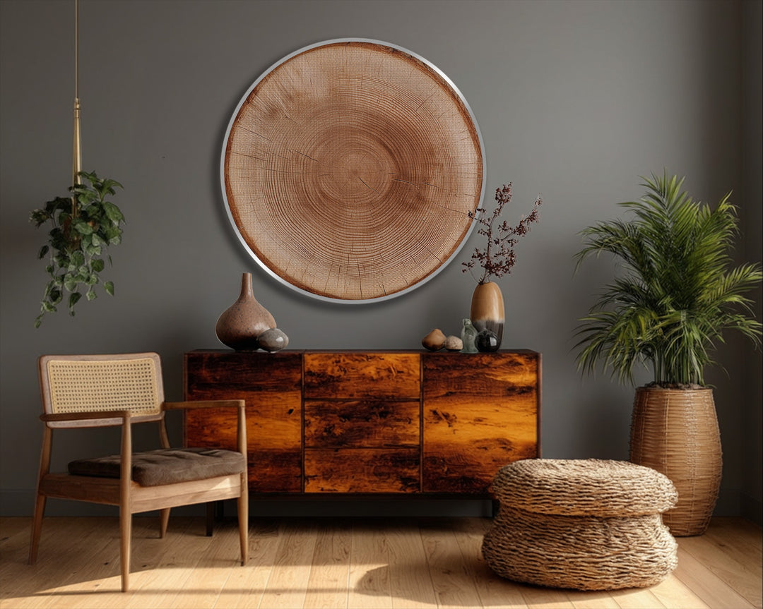 Finished with visible wood grain, this premium canvas decor print features a rustic tree trunk design with natural wood rings.