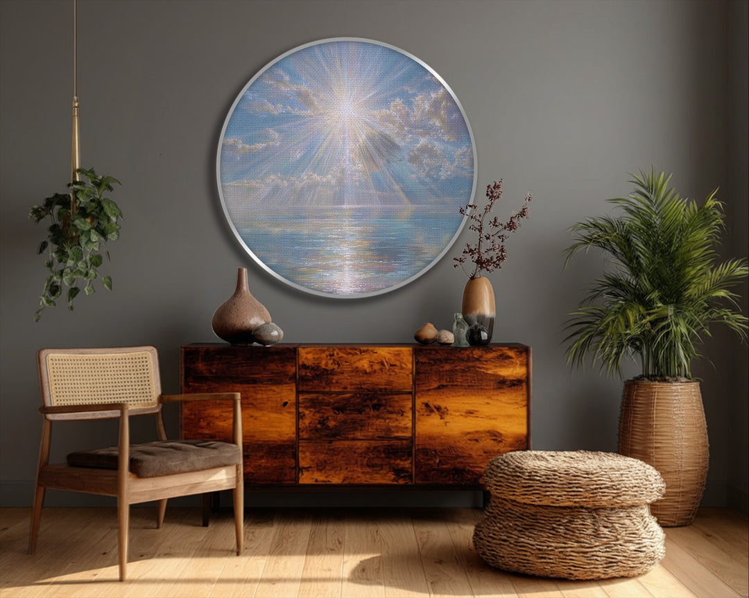 The darkest area highlights the serene depths in this celestial sun rays over calm sea round canvas pictures print, creating a captivating contrast in this ocean wall art.