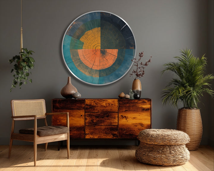 Visual rhythm emanates from the concentric circles of this abstract wood ring geometry round hanging canvas print, offering modern rustic wall art.