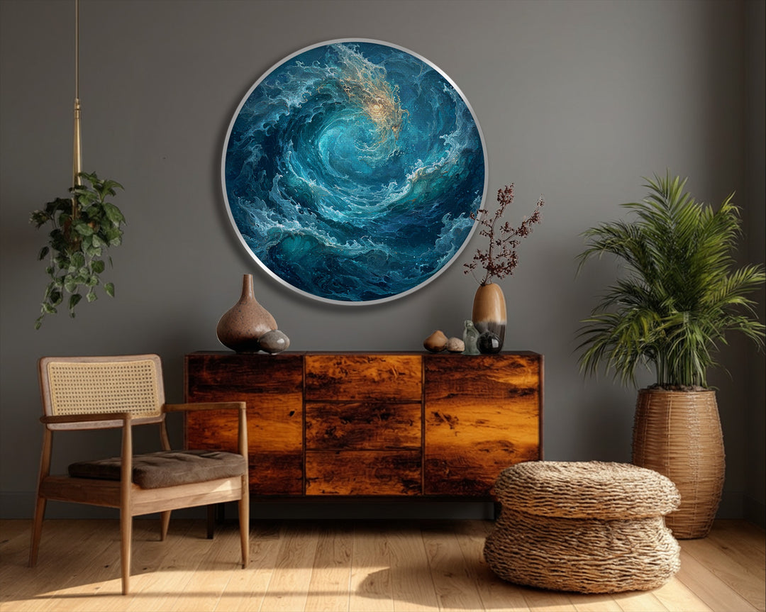 The realistic detail in this whirling ocean energy round canvas print captures the dynamic movement of the abstract wave with a high-quality canvas painting.