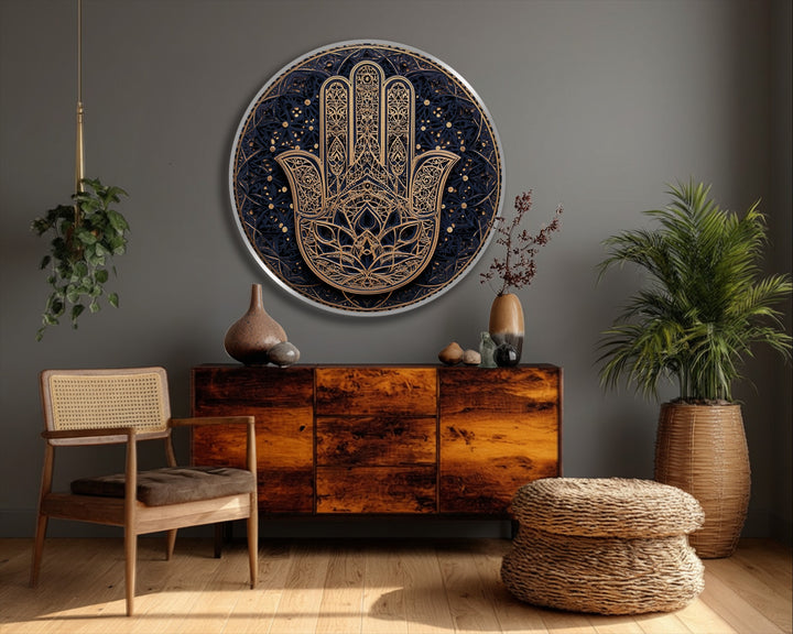 The spiritual Hamsa Hand with golden mandala details is the focal point of these big canvas prints, offering a touch of ornate beauty in this round art.