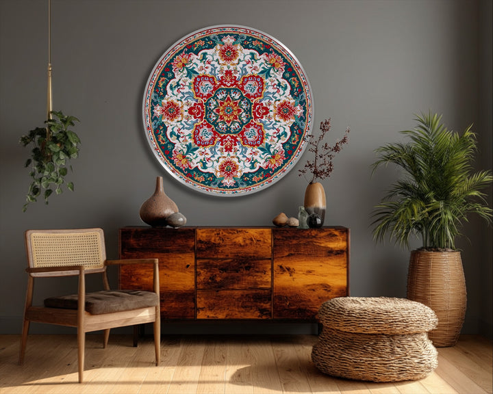 Shadows deepen in the ornate floral medallion, drawing attention to the framed canvas print's vintage pattern and enhancing the overall texture.