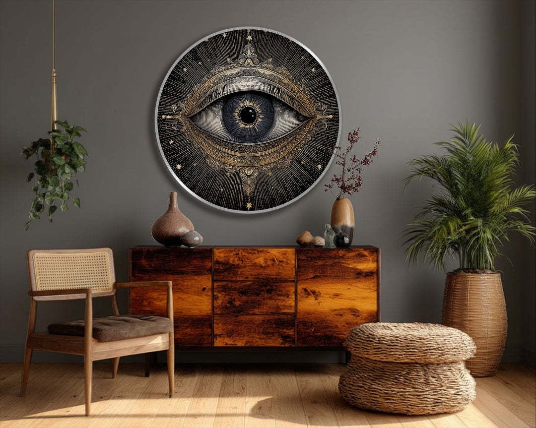 Featuring its circular edge, this golden mystic eye unique canvas print is a vintage-inspired celestial wall art, bordered with ornate details and tiny stars.