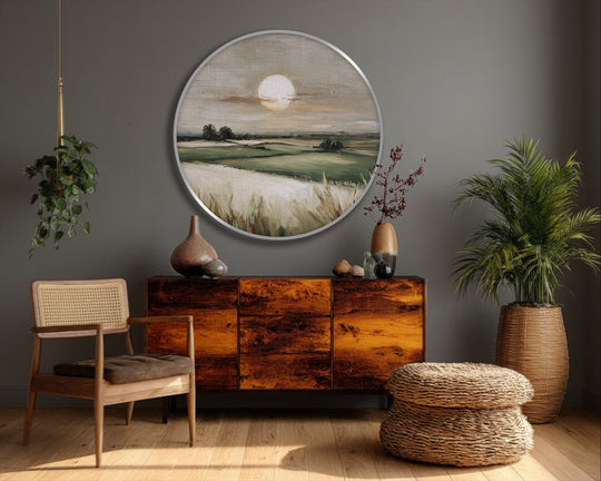 Round canvas wall art featuring a serene golden horizon and countryside landscape serves as the loudest element, complemented by the calming field.