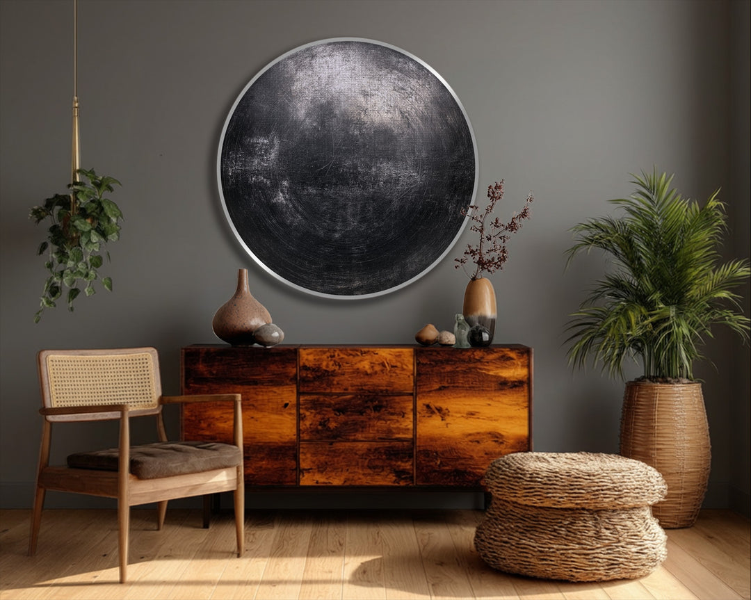 Cool color temperatures define this industrial black textured abstract circle canvas print, a striking framed canvas piece that embodies modern minimal wall art.
