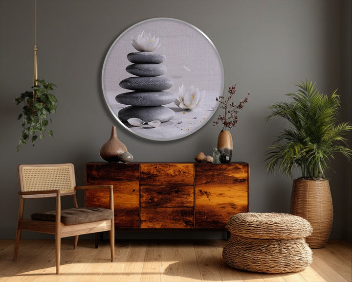 Centered is a zen balance stones with lotus round canvas art, a serene piece of canvas art designed for minimalist spa wall decor.