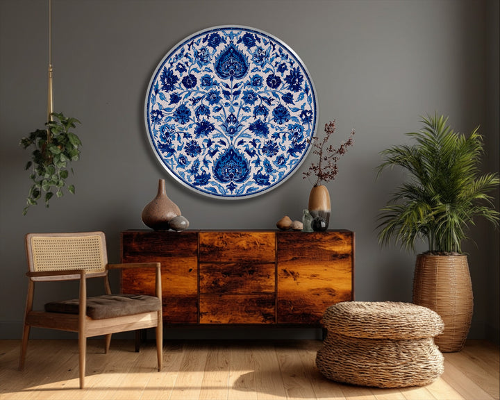 Strong color contrast defines this big canvas prints art, where sapphire floral patterns strikingly adorn a round mandala canvas, creating classic decorative wall art.