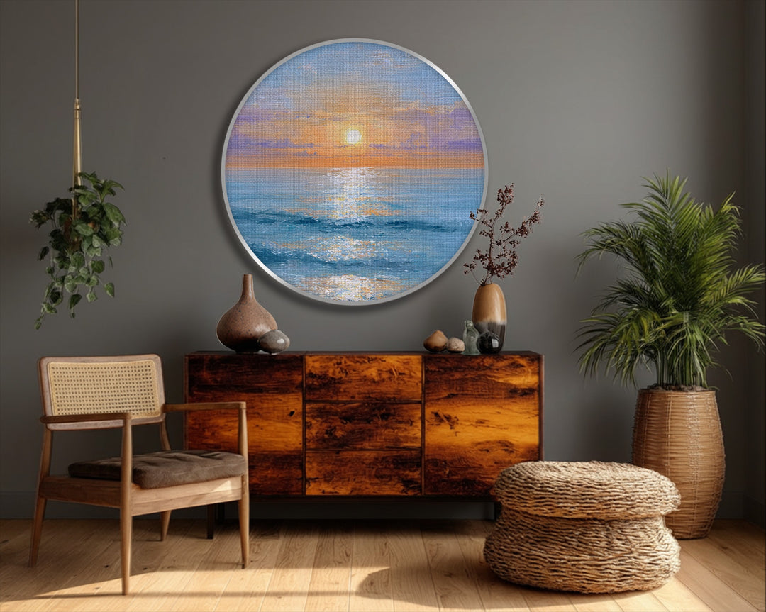Printed with a smooth finish, the golden sunrise over ocean round canvas print offers vibrant canvas wall art depicting a serene coastal scene.