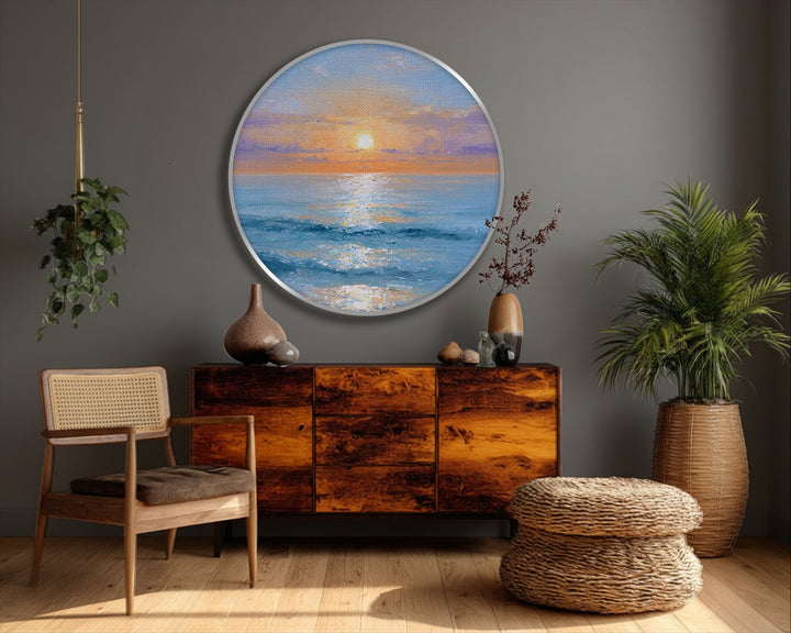 Printed with a smooth finish, the golden sunrise over ocean round canvas print offers vibrant canvas wall art depicting a serene coastal scene.
