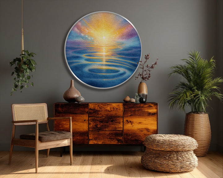 Geometric composition of a round canvas art prints featuring a radiant sunset reflecting on the ocean's water, creating concentric semi-circular ripples.