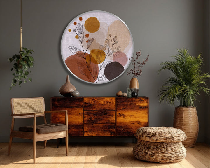 Highlighting the layering effect, the earthy-toned shapes and botanical lines create depth in these abstract canvas pictures, a modern art piece.