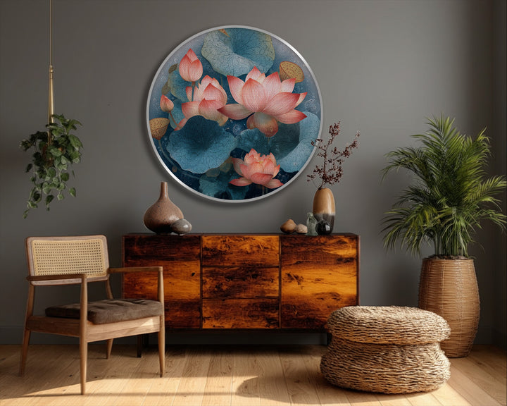 Layering is emphasized by the round hanging canvas art, where tranquil lotus blooms and lily pads overlap, creating a serene nature scene.