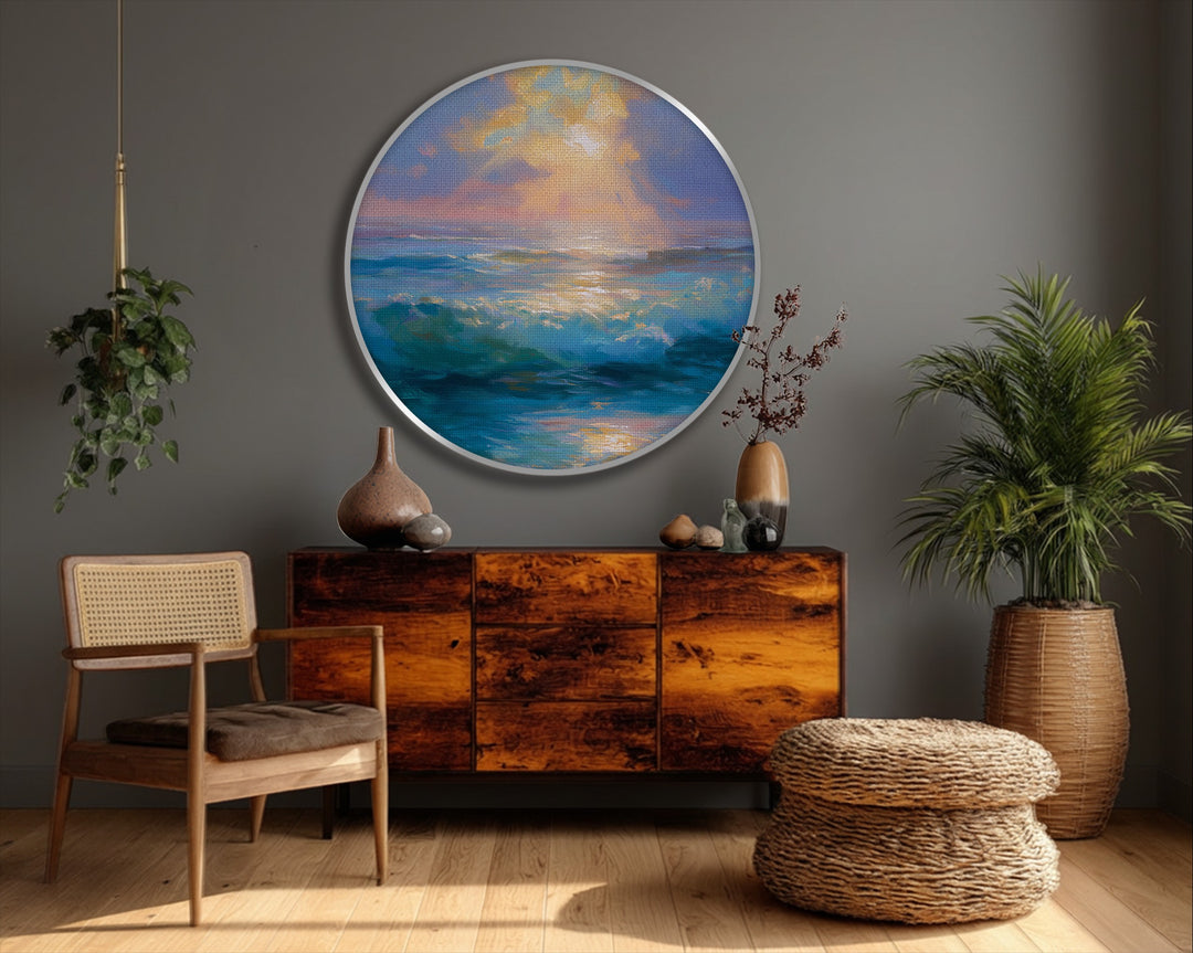Finished with meticulous detail, this golden light over turquoise waves round canvas print showcases the beauty of ocean sunrise canvas art.