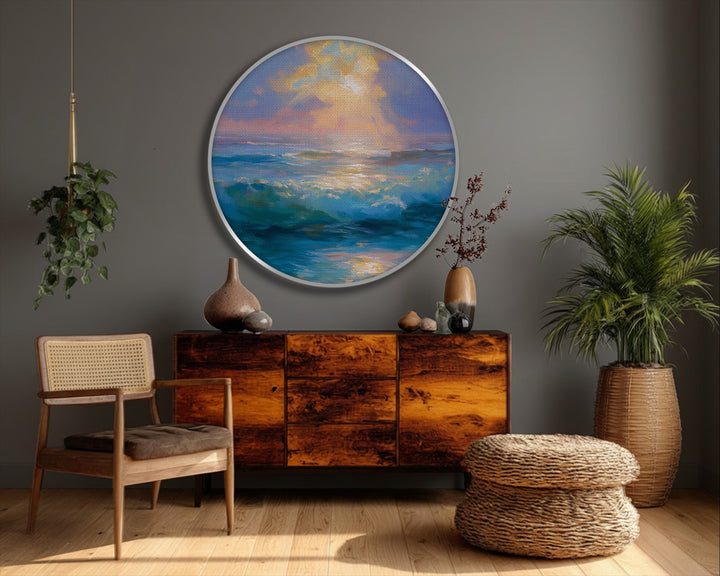 Finished with meticulous detail, this golden light over turquoise waves round canvas print showcases the beauty of ocean sunrise canvas art.