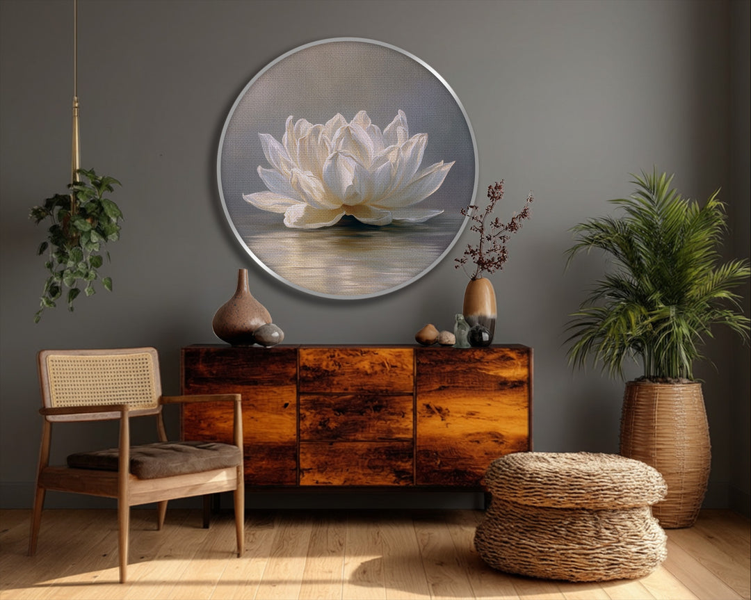 Negative space surrounds this unique canvas print, highlighting the serene white lotus in the minimal floral art.