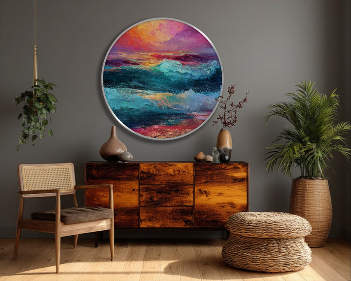 Evoking the mood of tranquility, this vibrant sunset waves framed canvas features colorful ocean wall art in a round, captivating design.