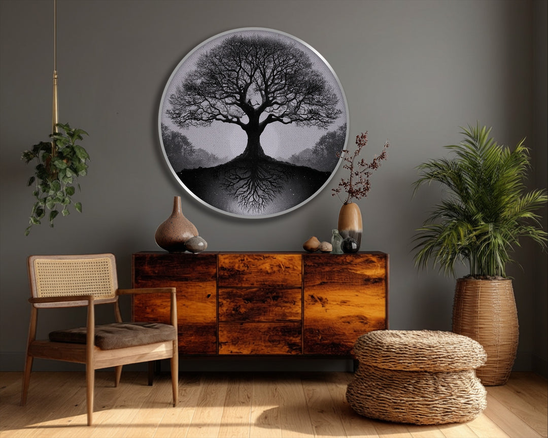 Rippling energy emanates from the mirrored reflection in this monochrome tree round canvas painting, suggesting a subtle, circular sense of motion within the black and white nature wall art.