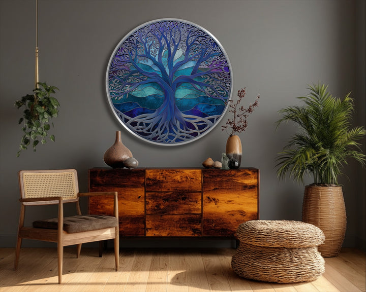 Textured big canvas prints show the intricate, raised surface of the Mystic Blue Tree of Life round canvas print's abstract nature art.