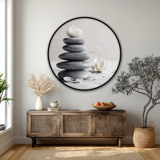 Round zen balance stones with lotus canvas artwork is a horizontally oriented print, adding minimalist spa wall art to any room.