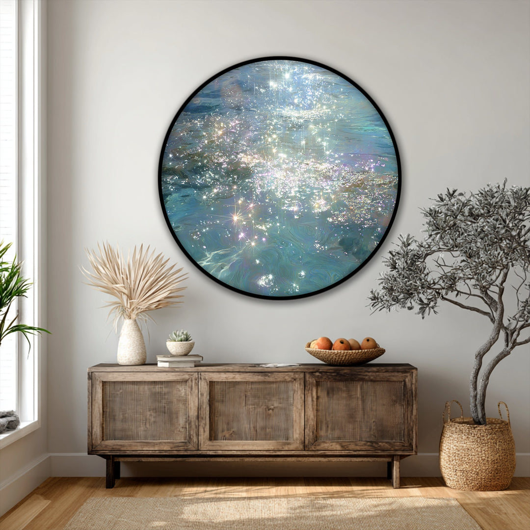 Showing the realistic detail, a round canvas print captures shimmering water light in best canvas prints featuring an iridescent ocean sparkle effect for elegant wall art.