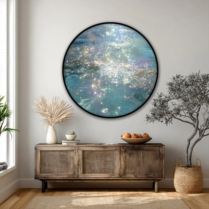 Showing the realistic detail, a round canvas print captures shimmering water light in best canvas prints featuring an iridescent ocean sparkle effect for elegant wall art.