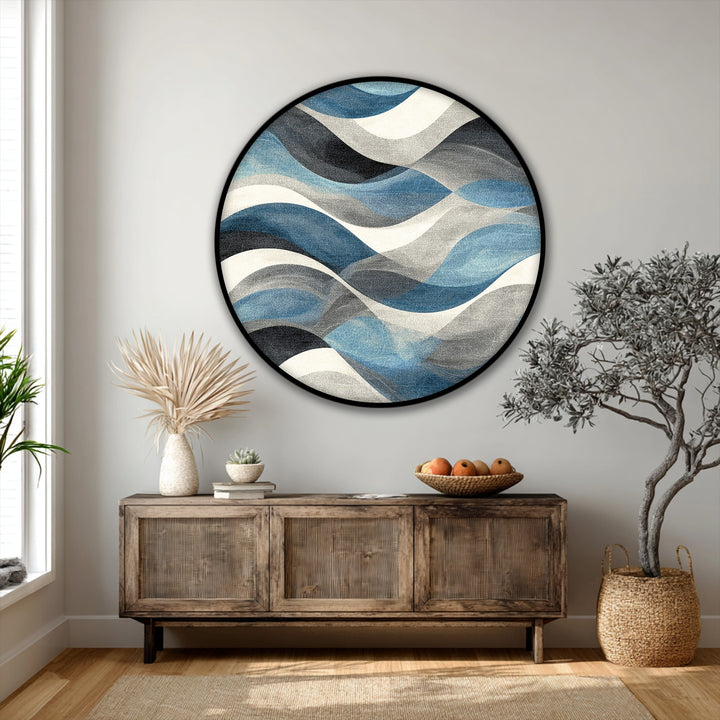 Realistically detailed, the flowing blue waves abstract round canvas print offers high quality canvas prints that capture the movement and color variations of modern coastal wall art.