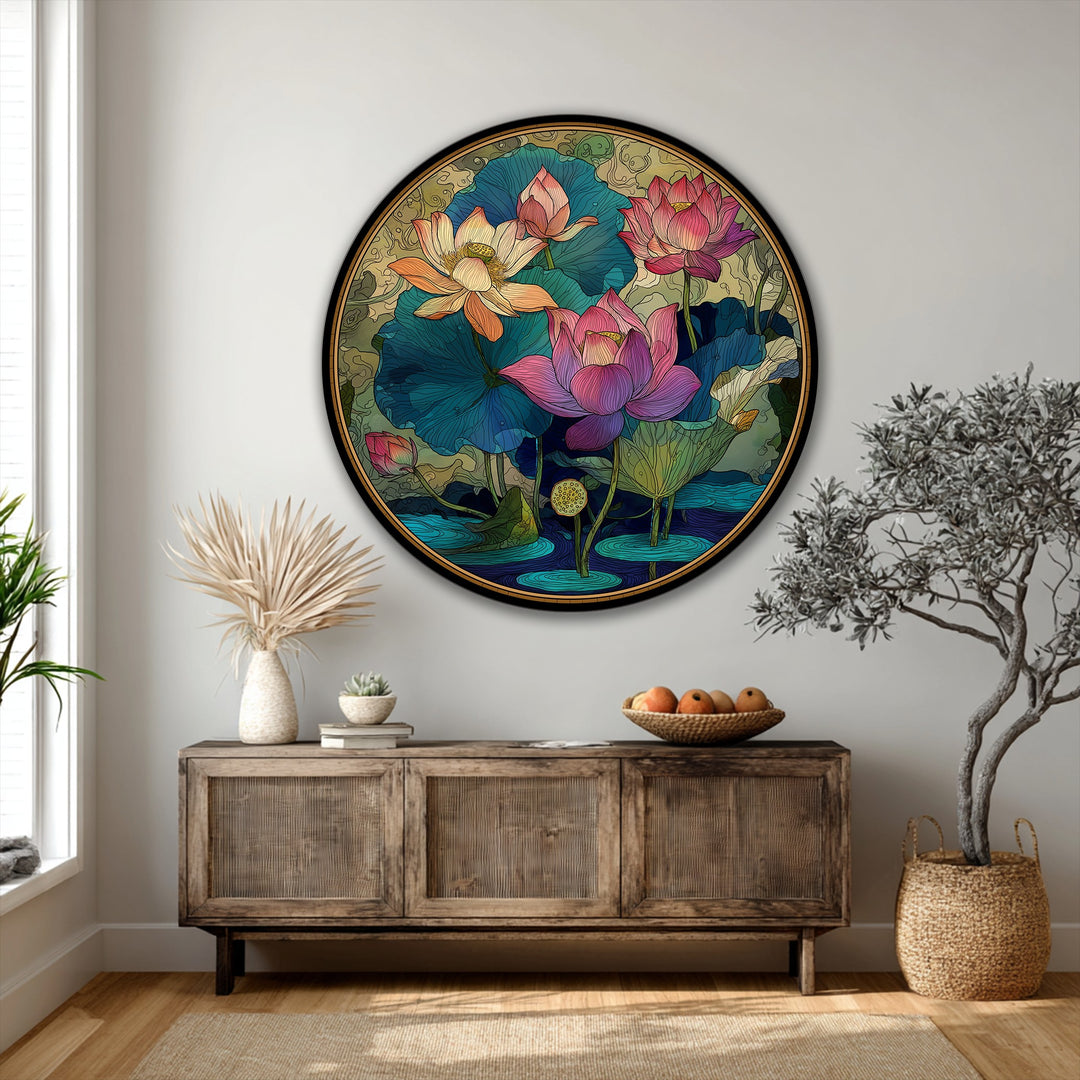 The stillness of the ornamental lotus garden is captured in this round canvas art prints, a decorative floral design that brings tranquility to any space.