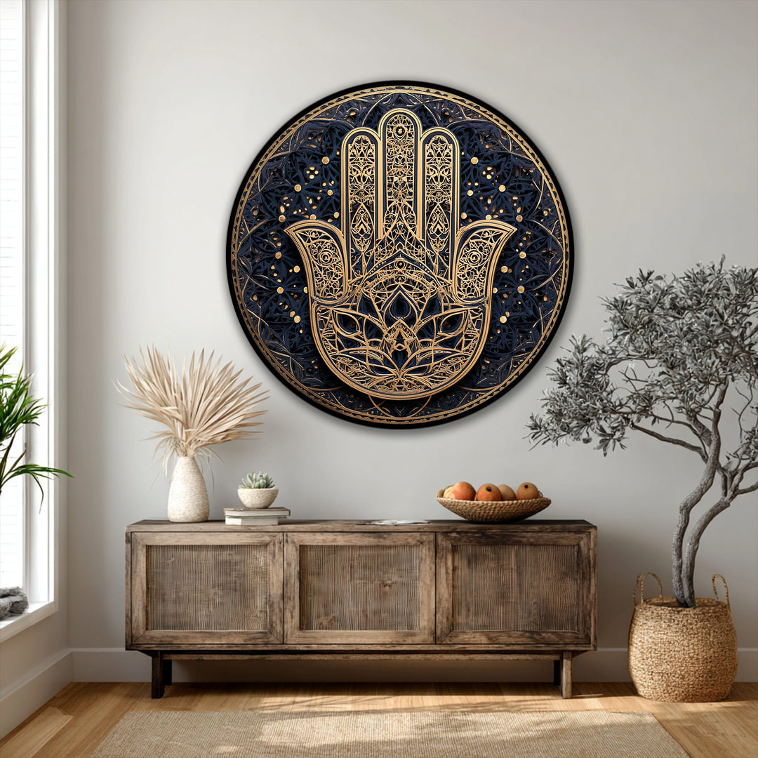 Beautiful layering effect highlights the spiritual wall art, showing ornate Hamsa hand with golden mandala details as a unique canvas painting.