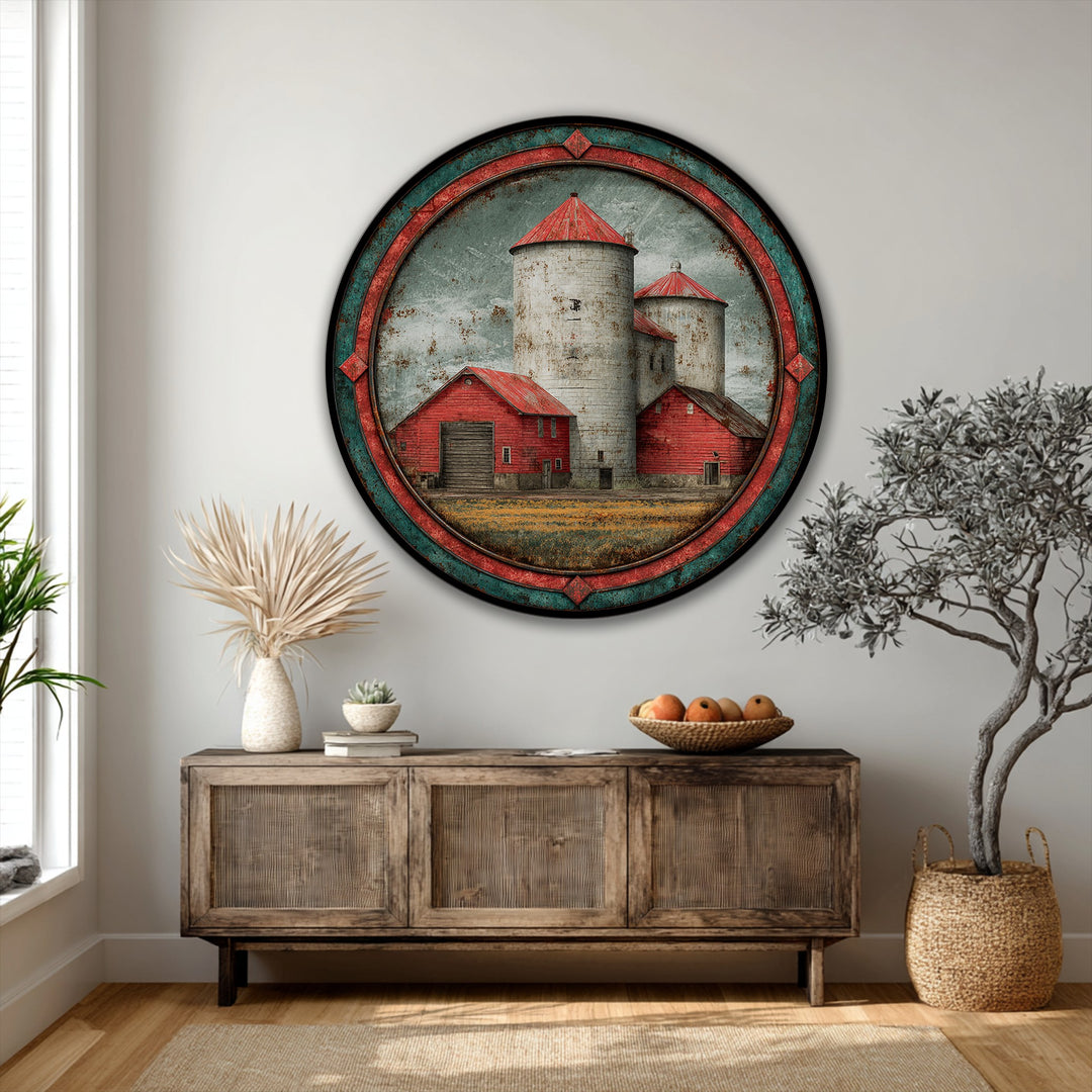 Softest cloudy sky forms the backdrop for this vintage farm landscape in a round rustic red barn and silos canvas wall art print.
