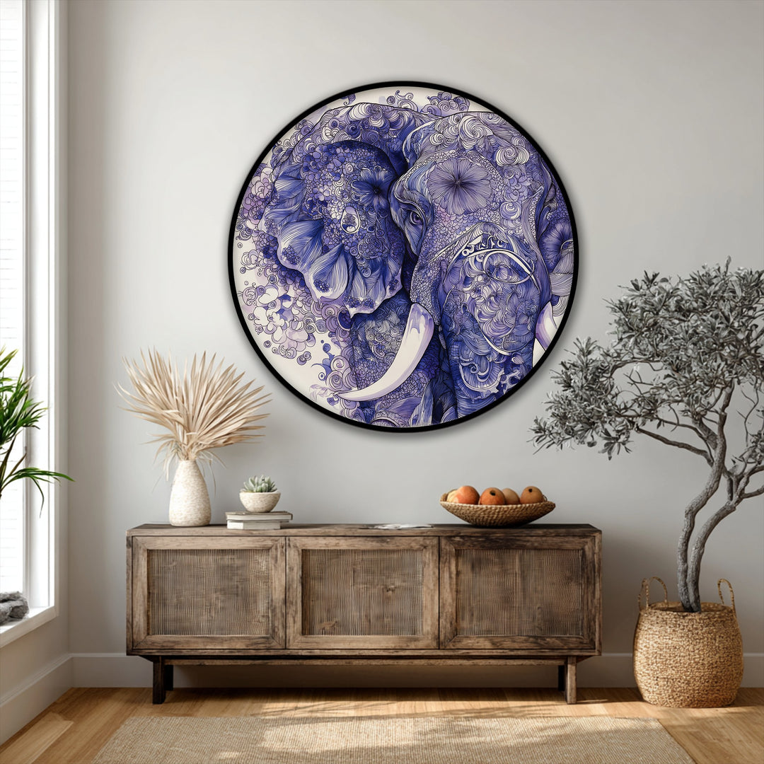 Visual rhythm is established through the repeated swirling patterns in this intricate blue elephant illustration, presented as a stunning framed canvas wall art print.