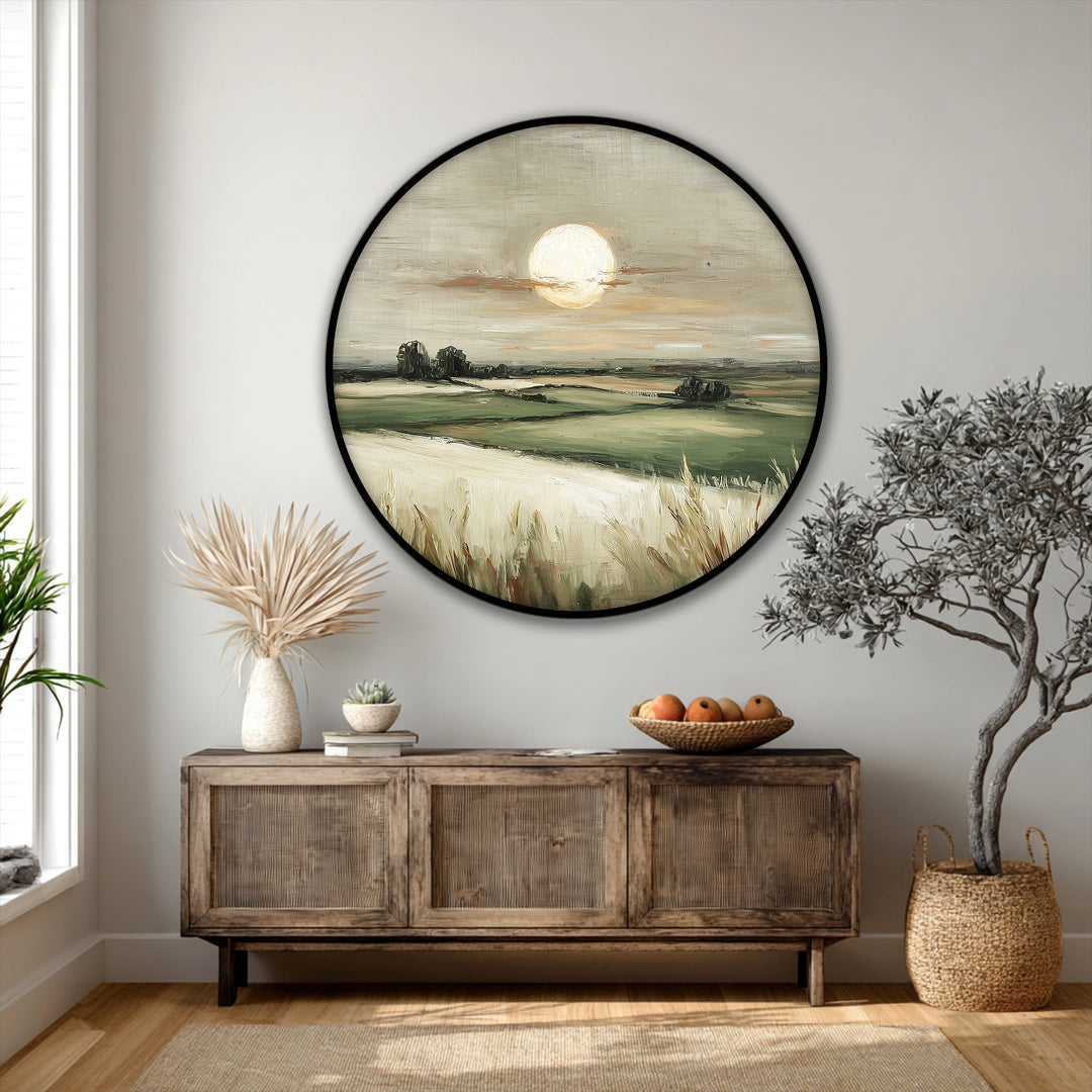 Captured within a round format, the golden horizon countryside landscape offers high quality canvas prints that depict a serene field scene.