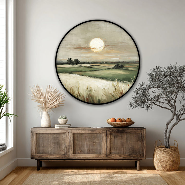 Captured within a round format, the golden horizon countryside landscape offers high quality canvas prints that depict a serene field scene.
