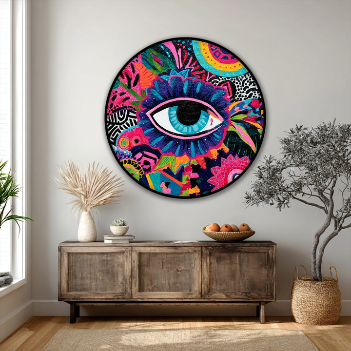The deepest blacks in the colorful eye pop art round canvas art prints accentuate the abstract wall art's bold design.