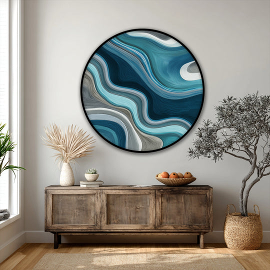 The intricately textured foreground of this scene highlights the fluid teal waves round canvas art prints, enhancing the appeal of the abstract wall art.