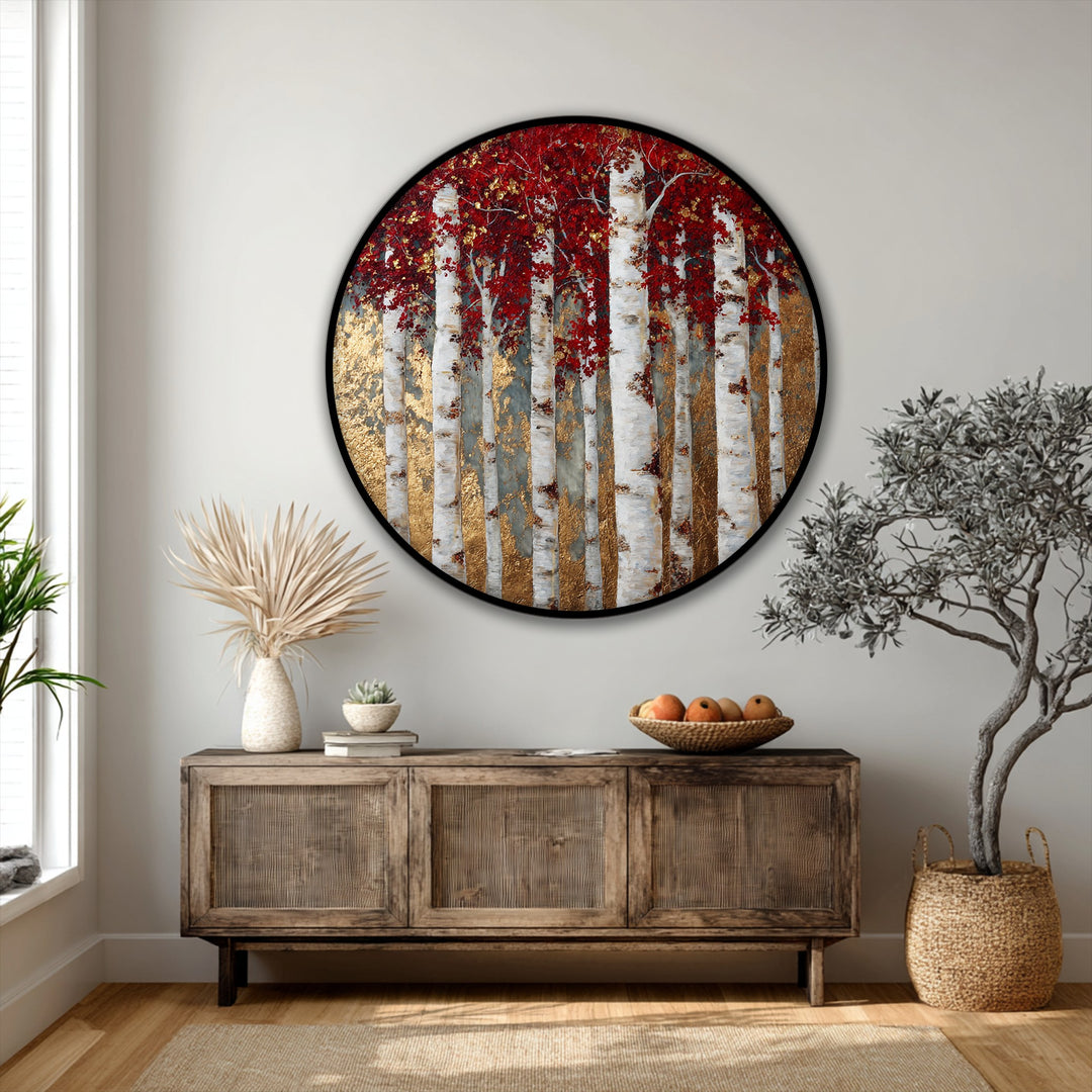 Golden Birch Forest Round Canvas Print – Red Leaves Nature Wall Art