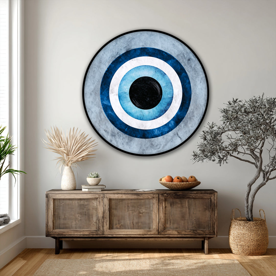 Surface texture on the round blue evil eye symbol canvas art reveals subtle variations, enhancing the depth of this minimal protection canvas art piece.