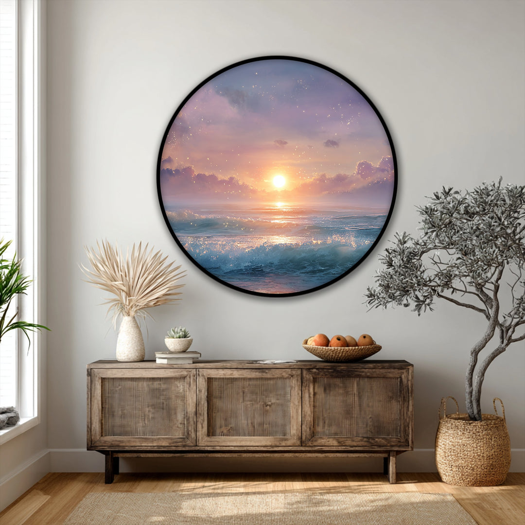 A rustic wooden cabinet displays a dried floral arrangement beneath a dreamlike sunset ocean hanging canvas print, enhancing the foreground detail of a serene interior.