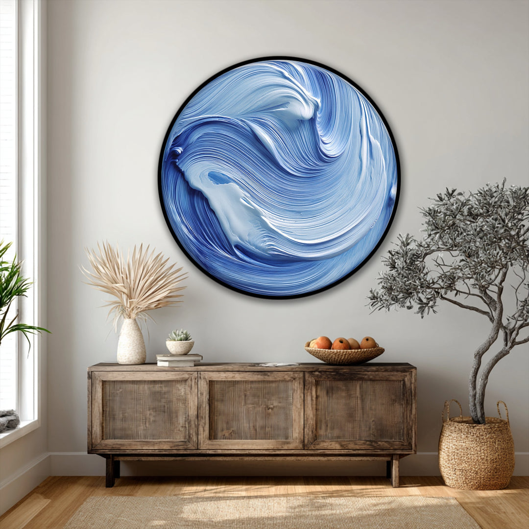 Intense color saturation enhances this ocean flow blue abstract round canvas art prints, creating modern wave wall art with striking depth and visual appeal.